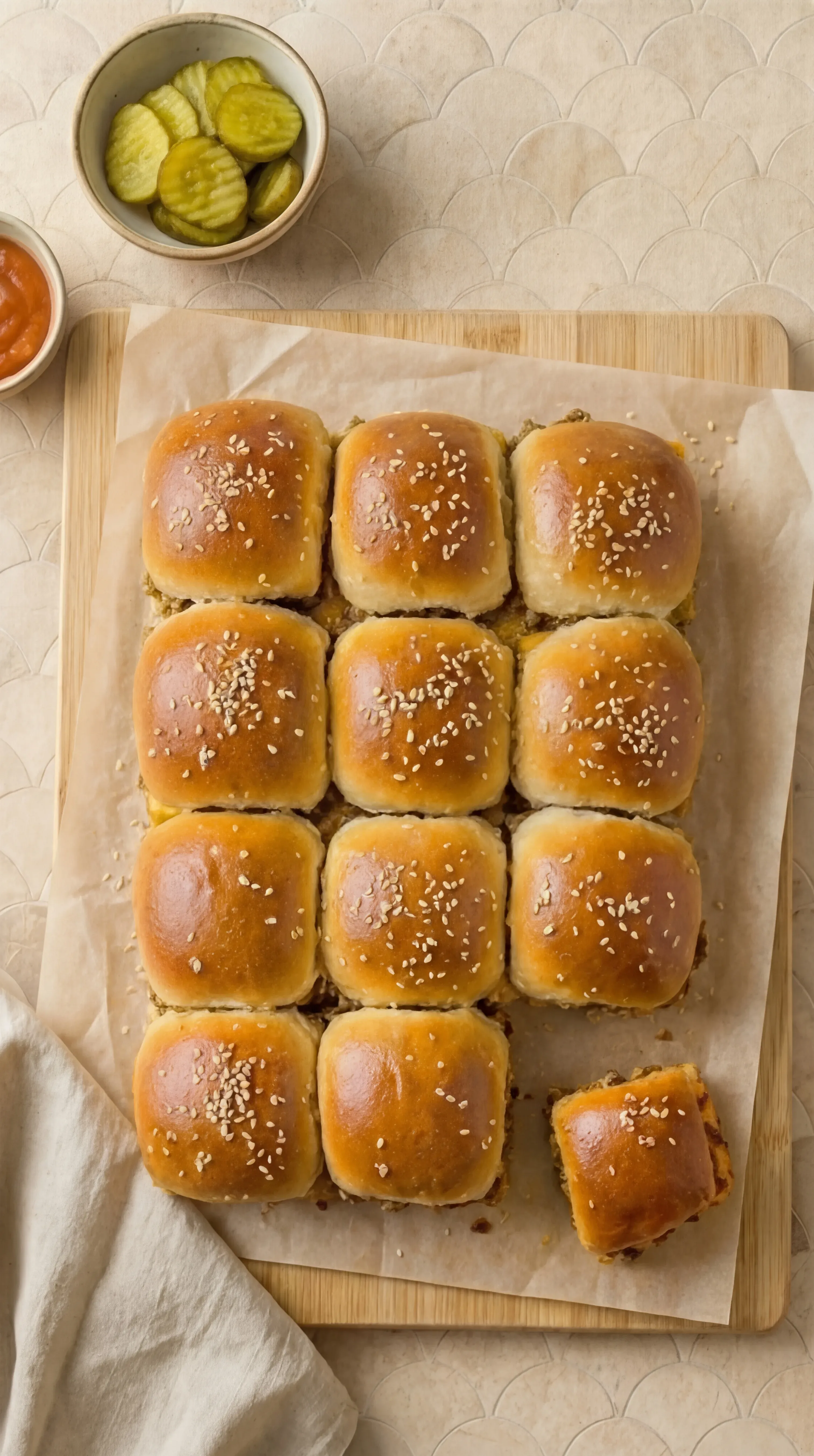 Easy Cheeseburger Sliders baked on soft golden buns topped with sesame seeds and served with pickles and ketchup