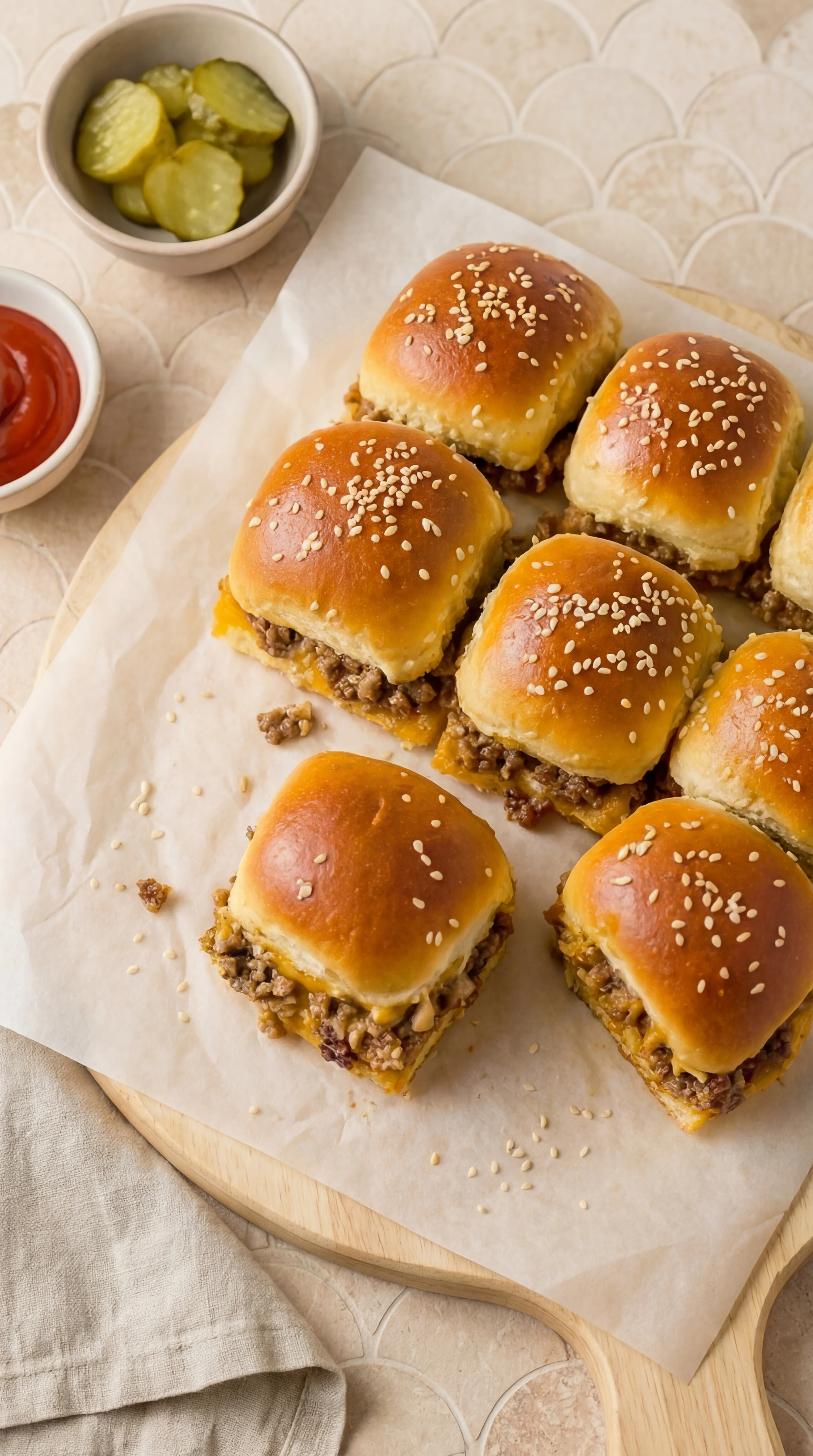 homemade cheeseburger sliders with melted cheddar cheese on soft pull-apart buns