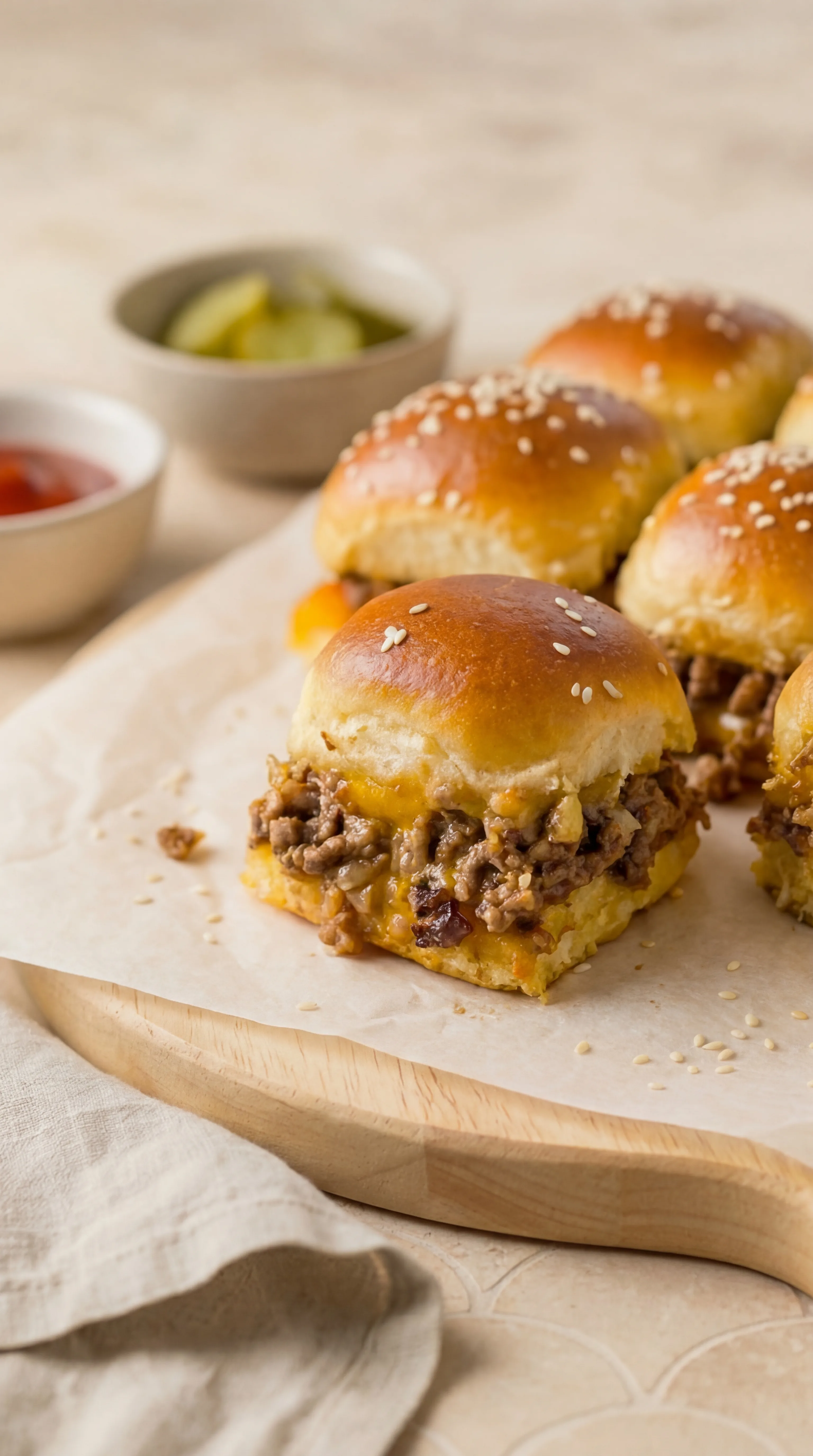 juicy ground beef and melted cheese inside soft baked slider buns