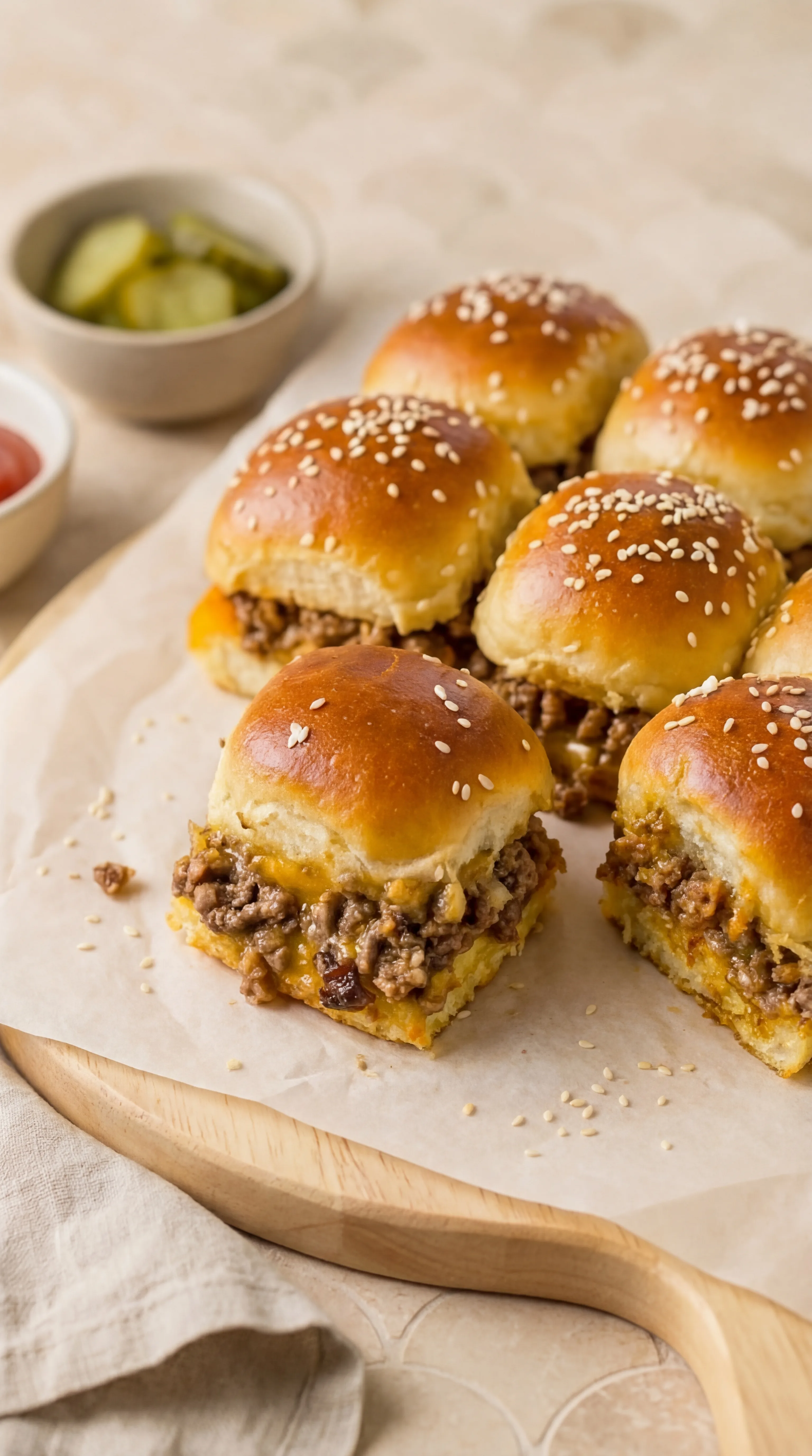 baked mini cheeseburgers with seasoned beef and melted cheese on fluffy buns
