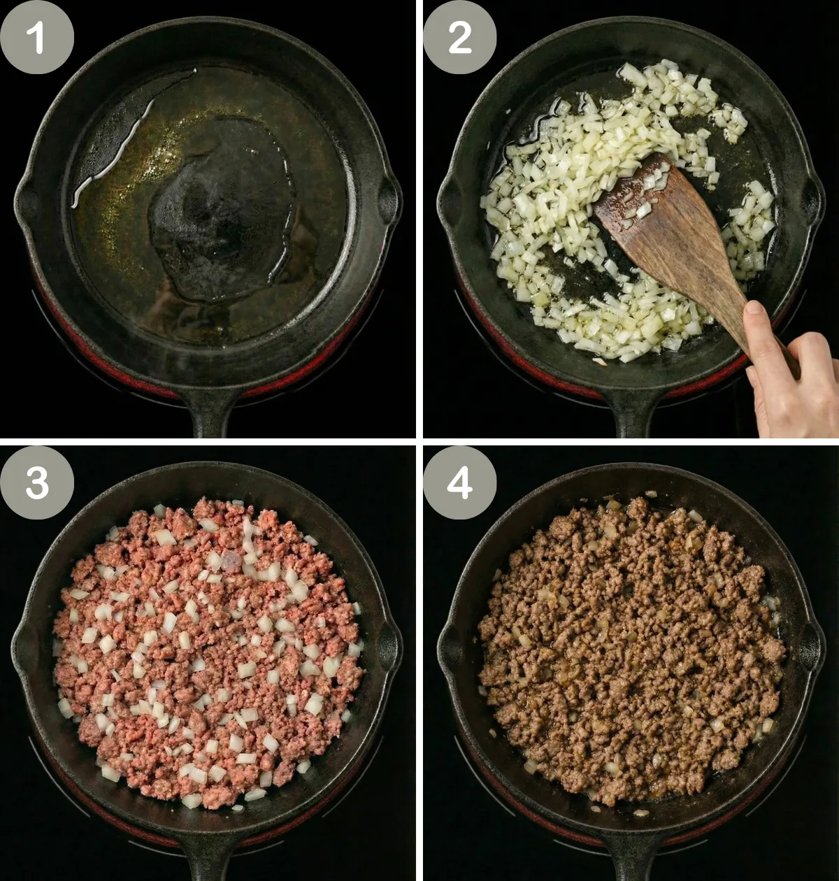 step-by-step cooking ground beef with onions in skillet for cheeseburger slider filling