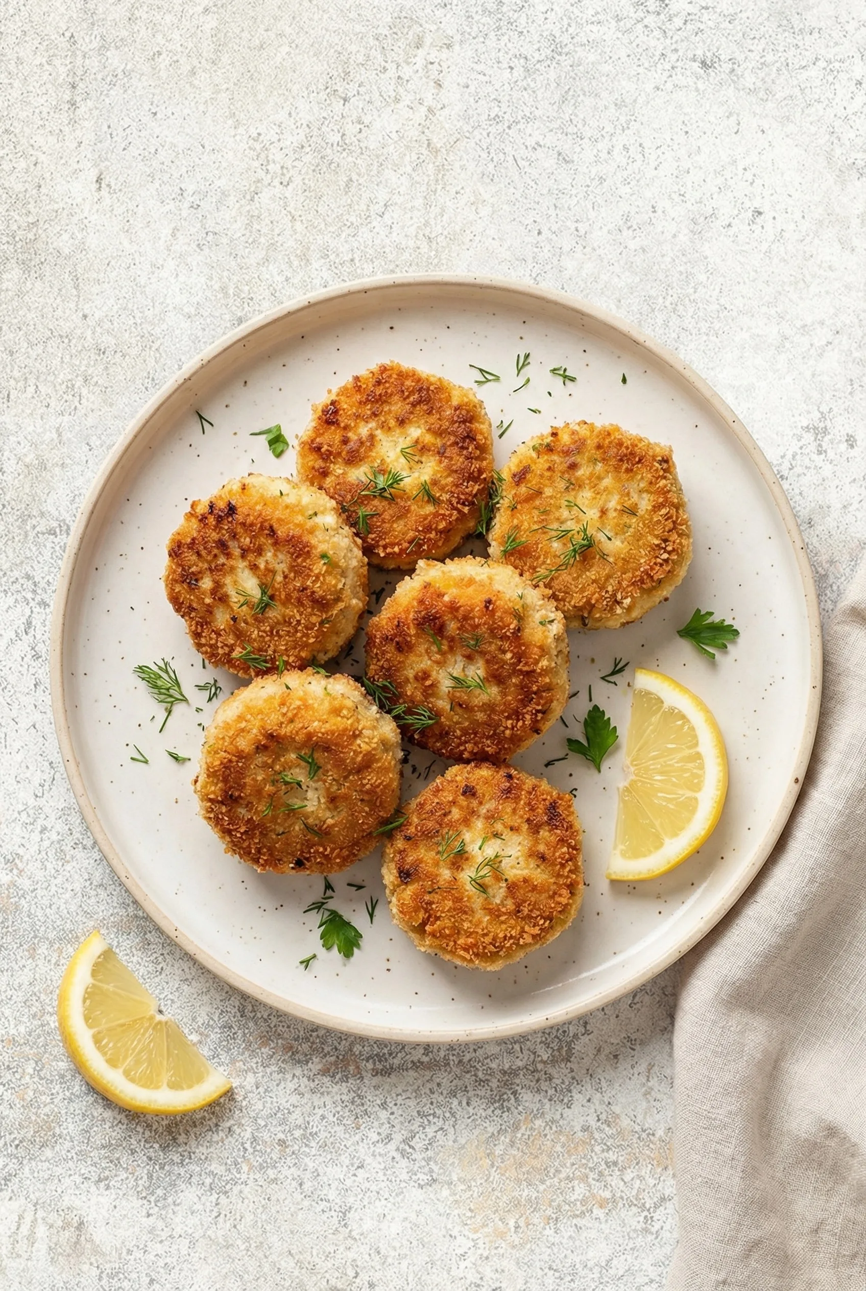 golden brown Easy Chicken Patties served on plate with fresh dill and lemon wedges