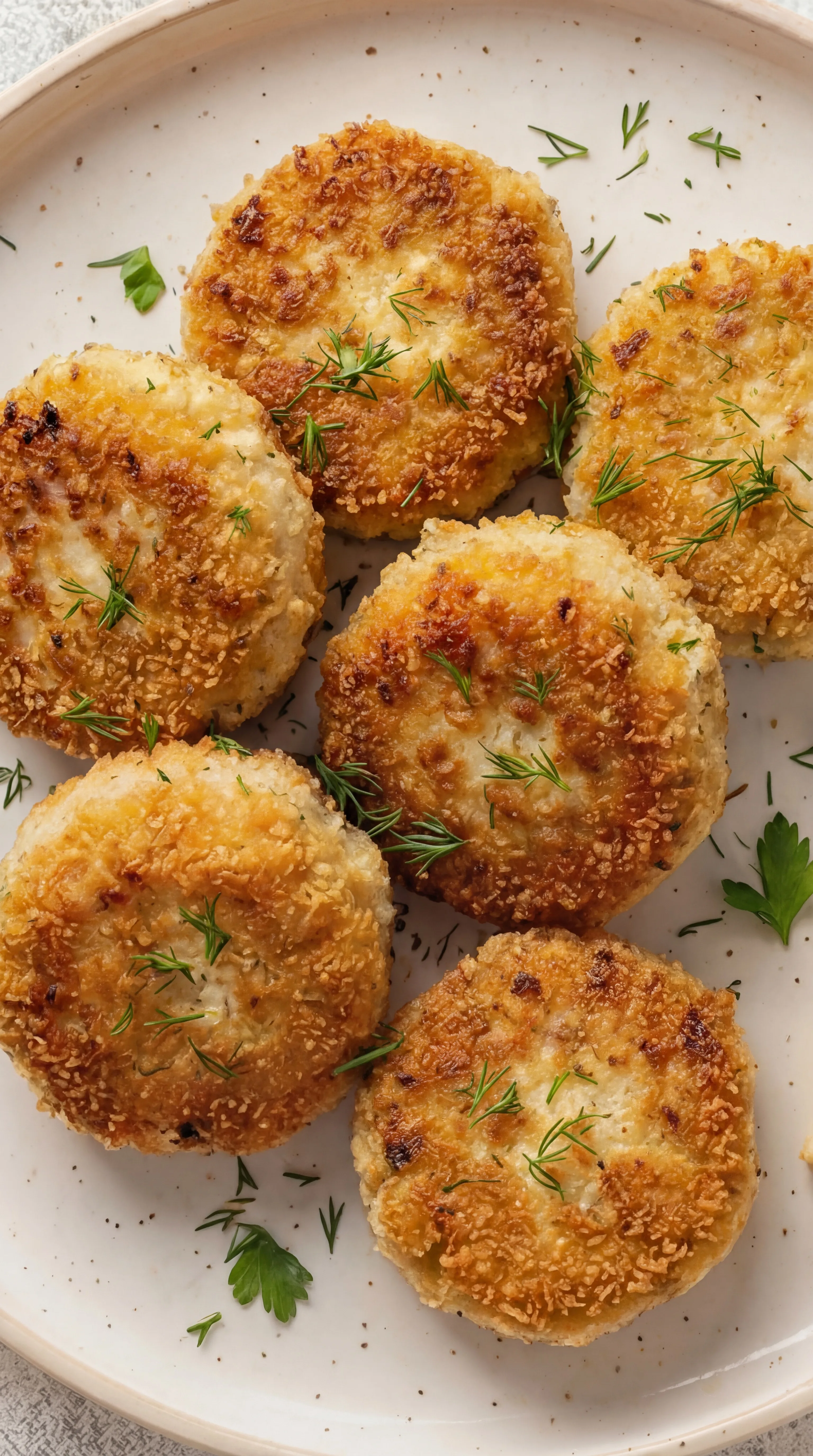 crispy chicken patties with golden crust garnished with fresh dill on plate