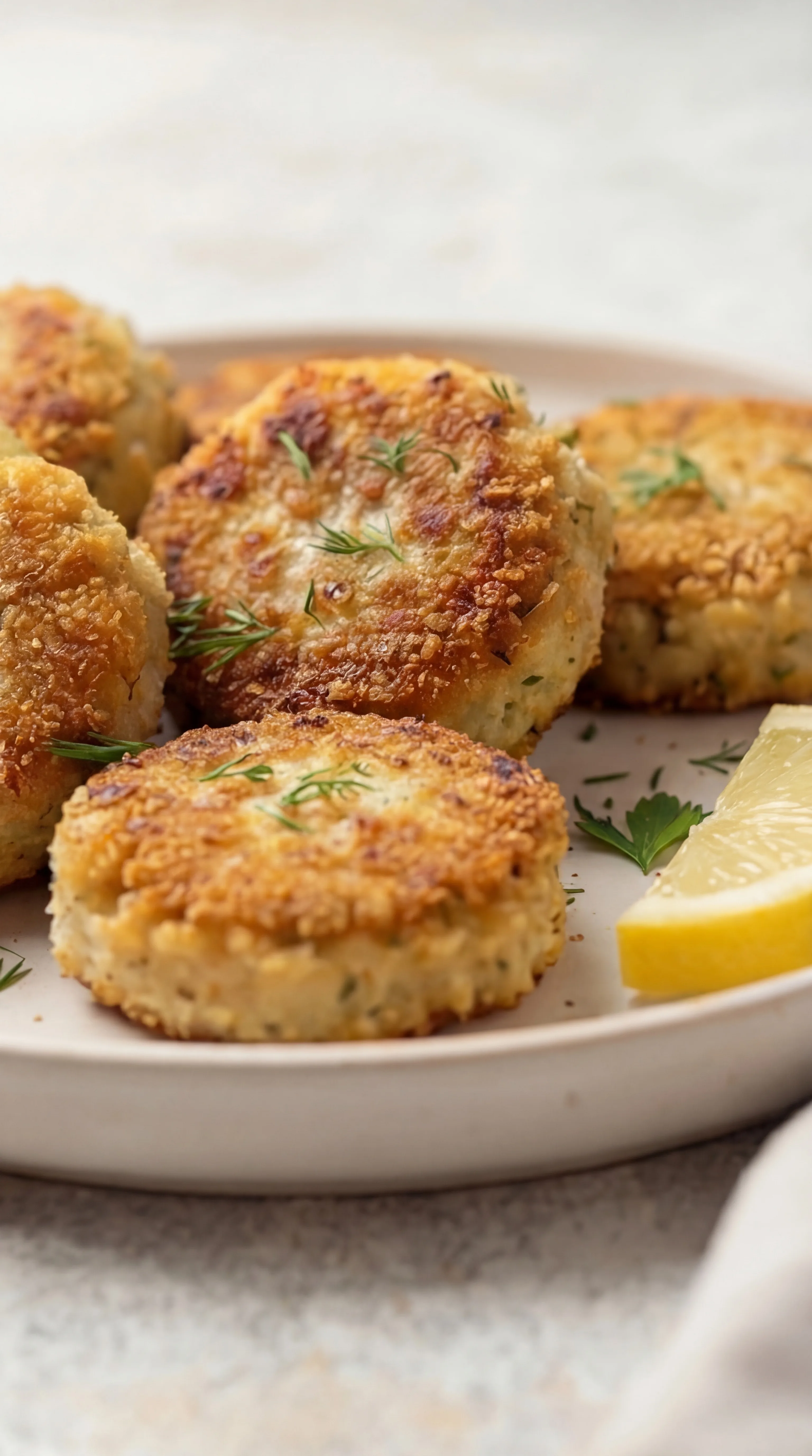 pan fried chicken patties with crispy coating served with lemon wedge