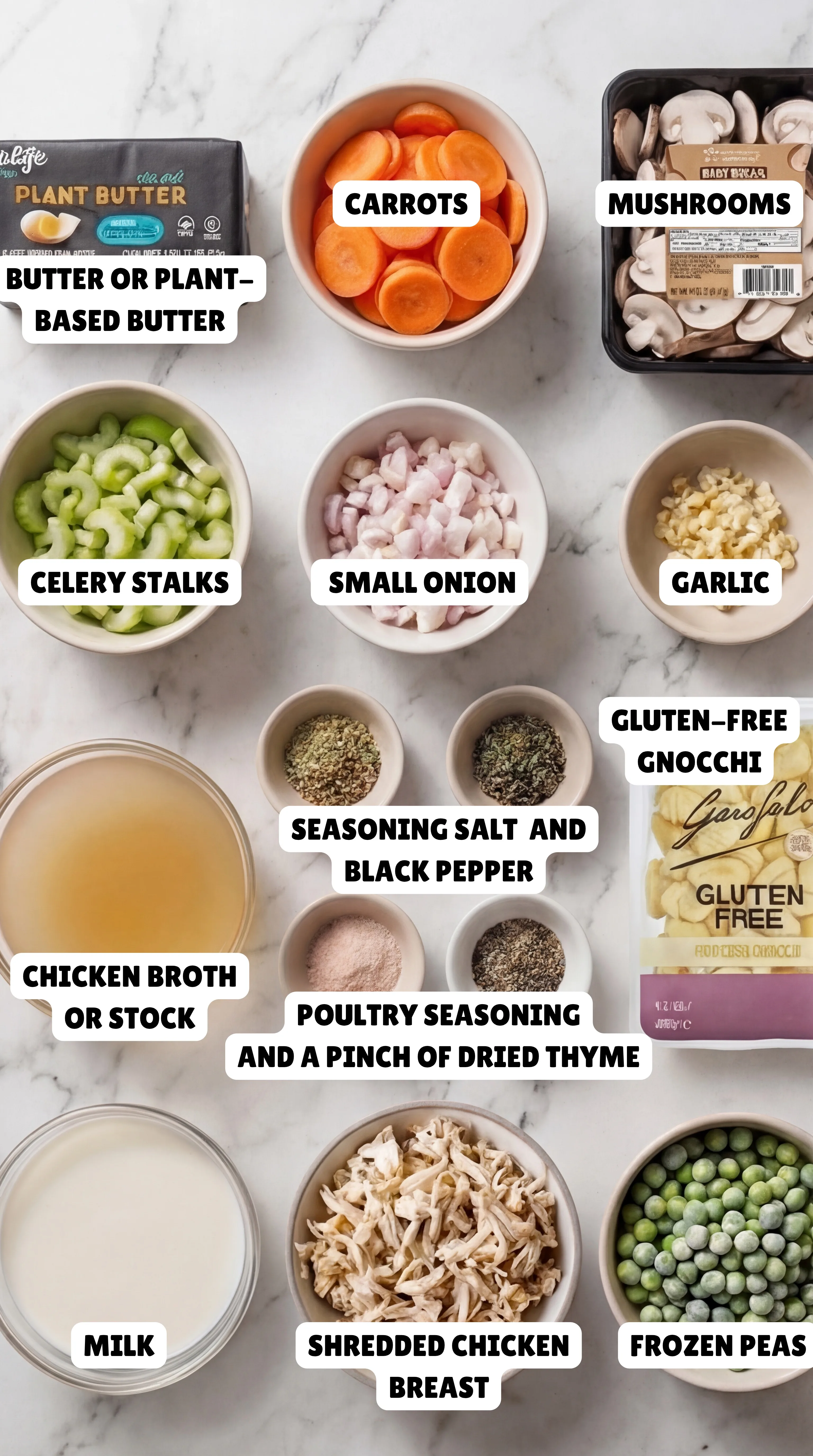 ingredients for gnocchi chicken pot pie including gnocchi shredded chicken mushrooms carrots peas milk broth garlic and seasonings