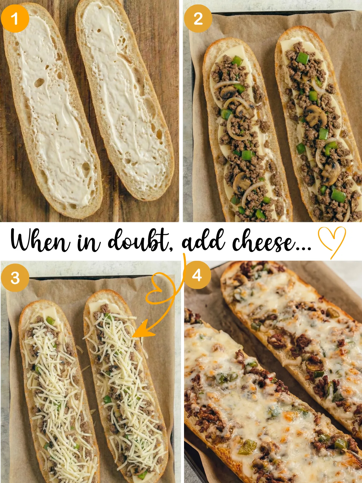 step-by-step assembling cheesesteak cheesy bread with buttered bread, beef mixture, and shredded cheese