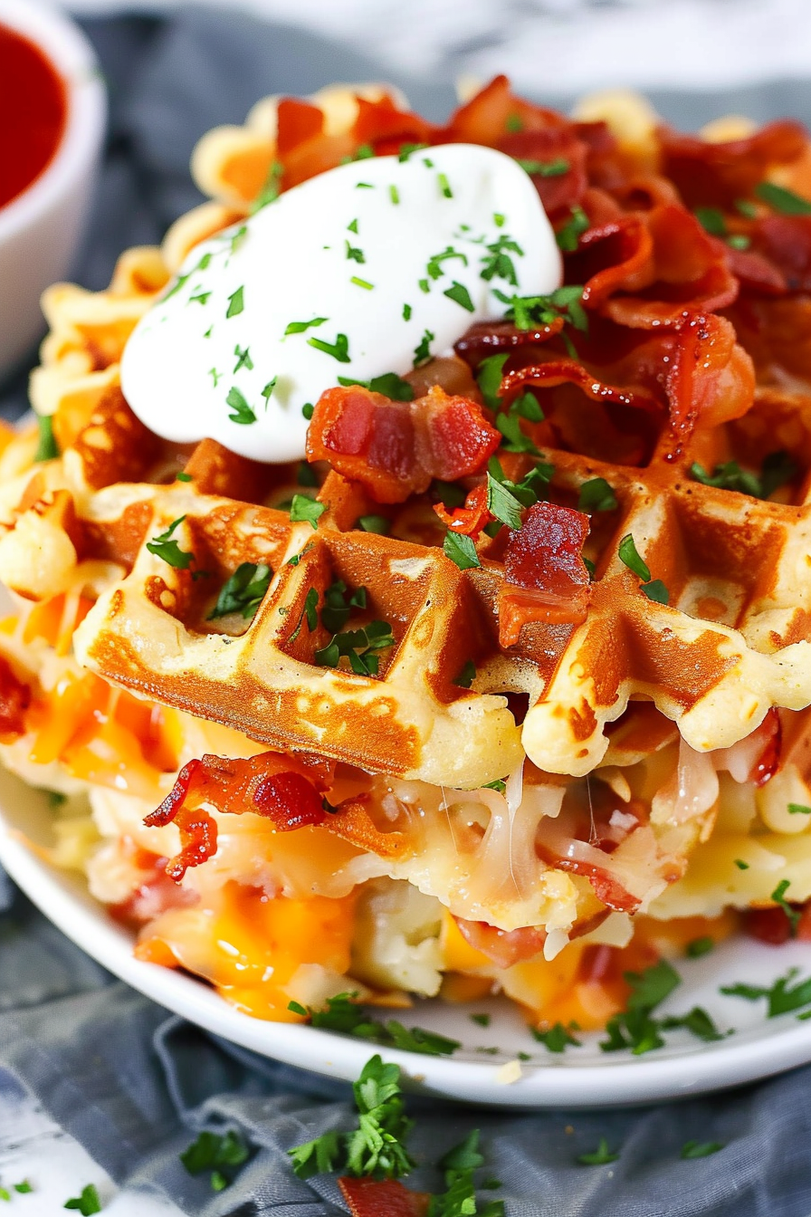 Loaded Hashbrown Waffles with Bacon and Cheese