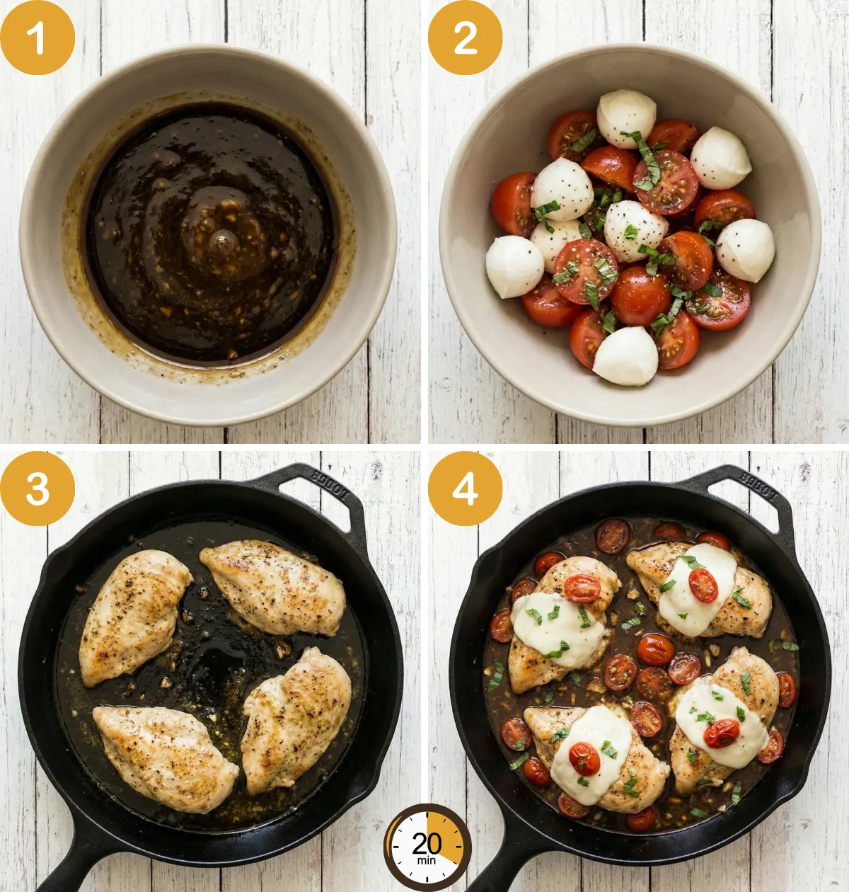 step-by-step making One Pan Balsamic Chicken with balsamic sauce mozzarella tomatoes and basil in skillet