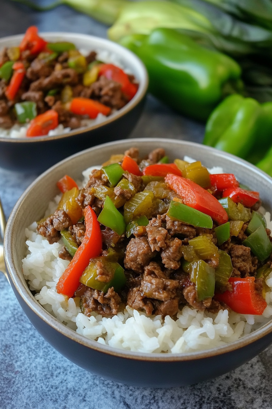 Quick Beef and Pepper Rice Bowls