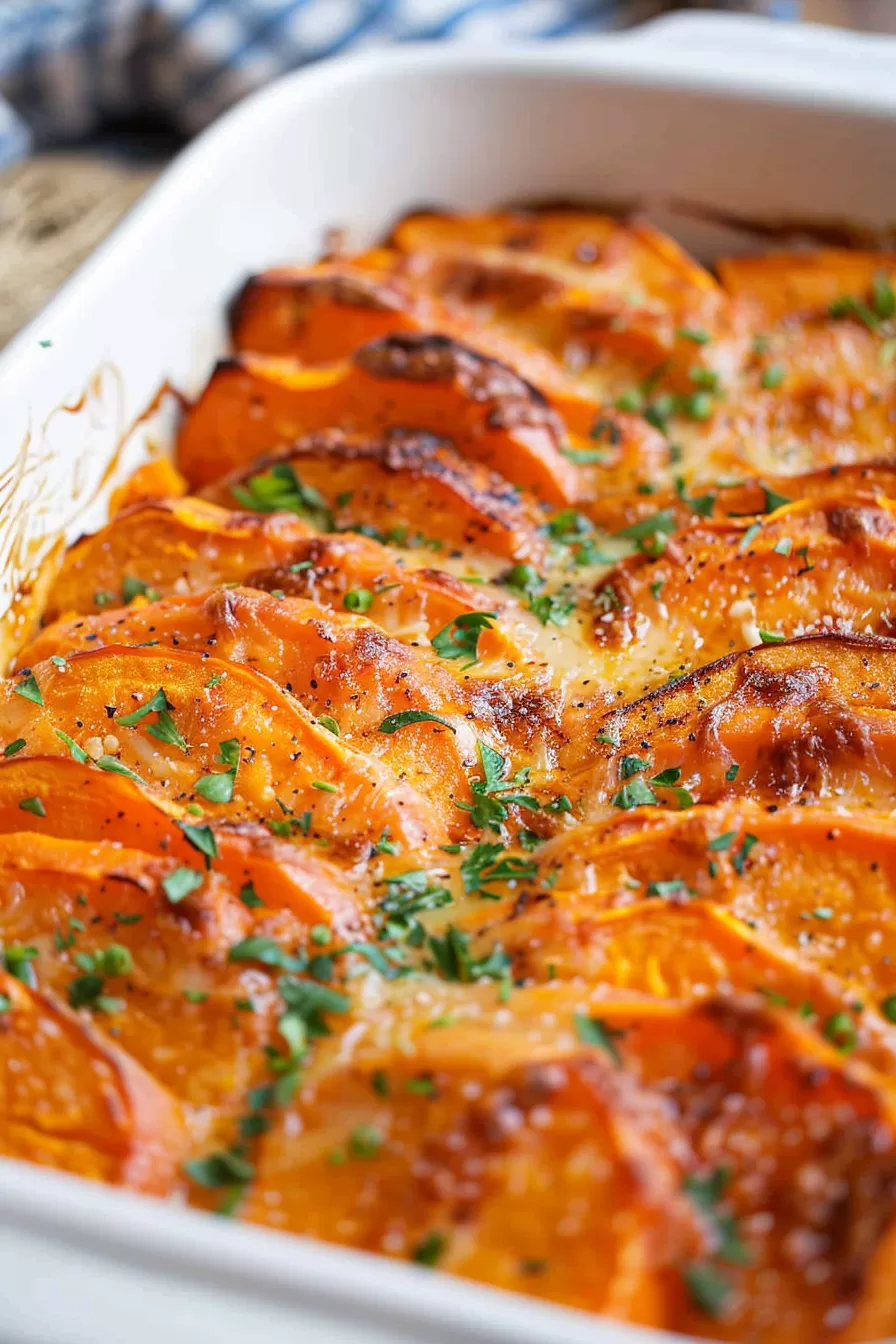 Creamy Garlic Butter Sweet Potato Bake