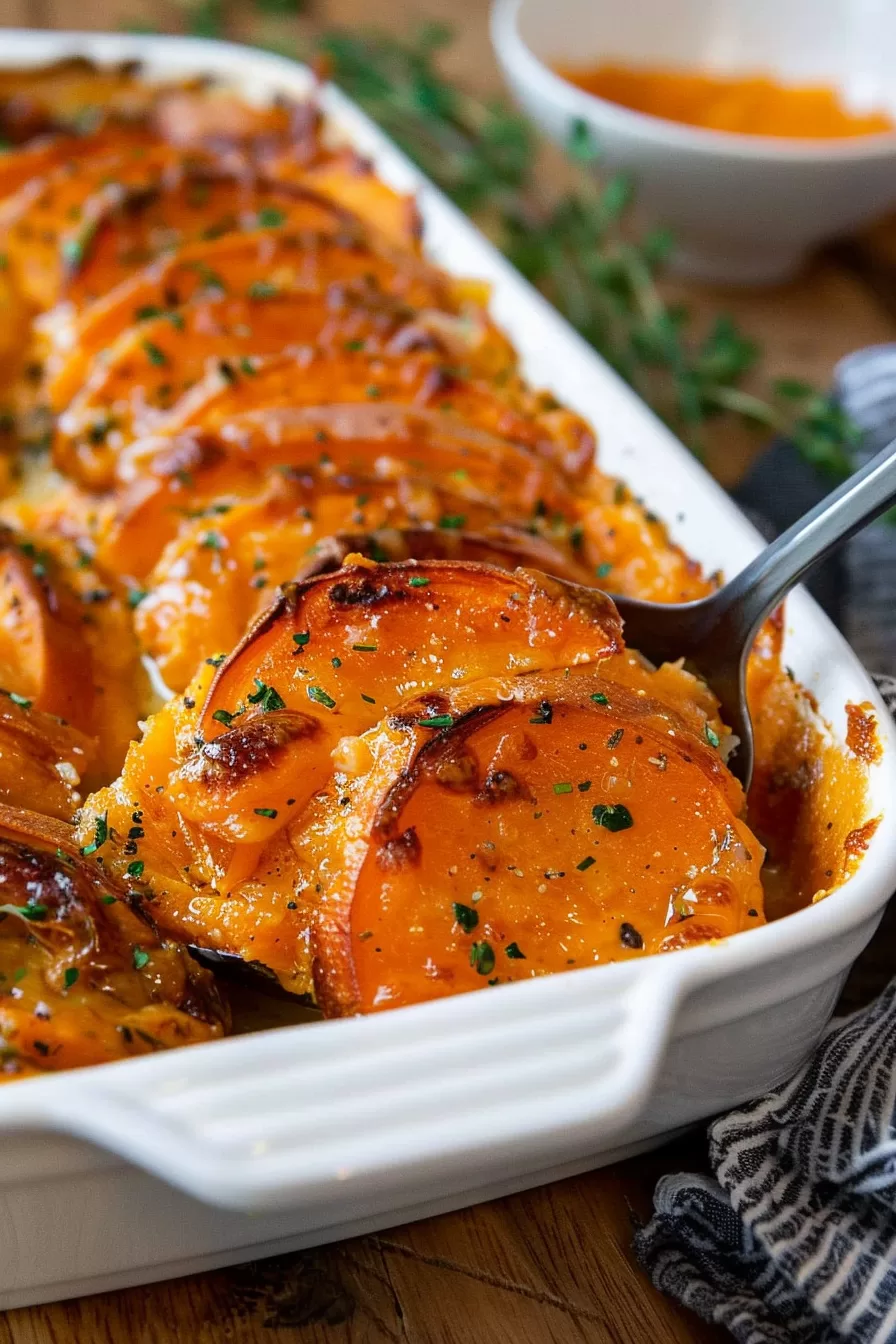 Creamy Garlic Butter Sweet Potato Bake