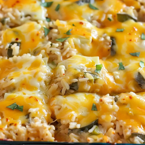 Spicy Cheesy Poblano Rice Bake