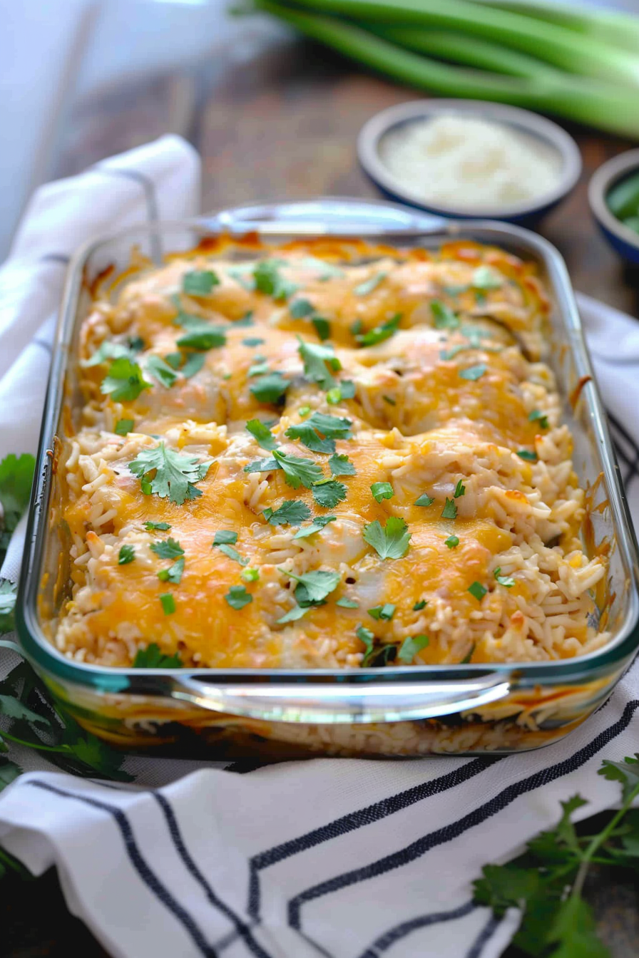 Spicy Cheesy Poblano Rice Bake