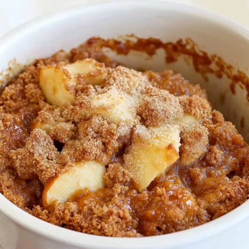 Side view of Apple Brown Betty showcasing chunks of apple and cinnamon crumble.