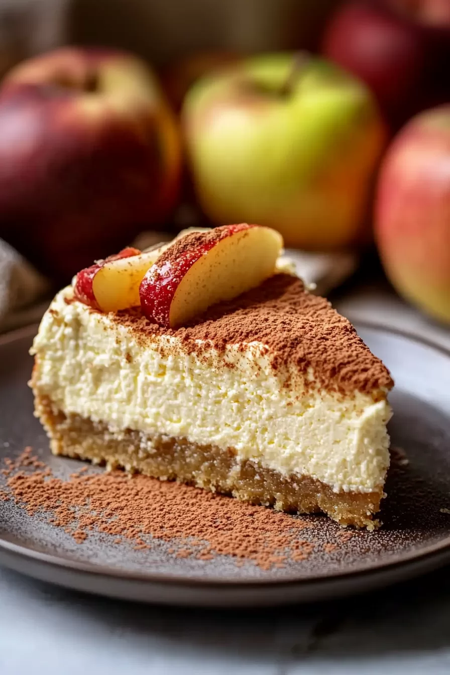 Close-up of cheesecake slice with a rich texture, accented by fresh apple slices on top.