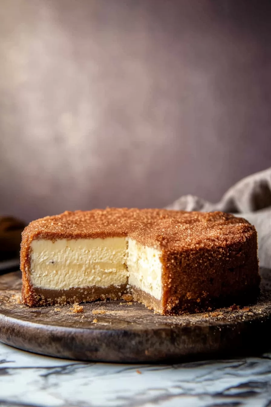 Whole cheesecake with a cinnamon-sugar crust, revealing a smooth and creamy interior.