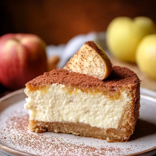 A slice of creamy cheesecake topped with thin apple slices and dusted with cinnamon.