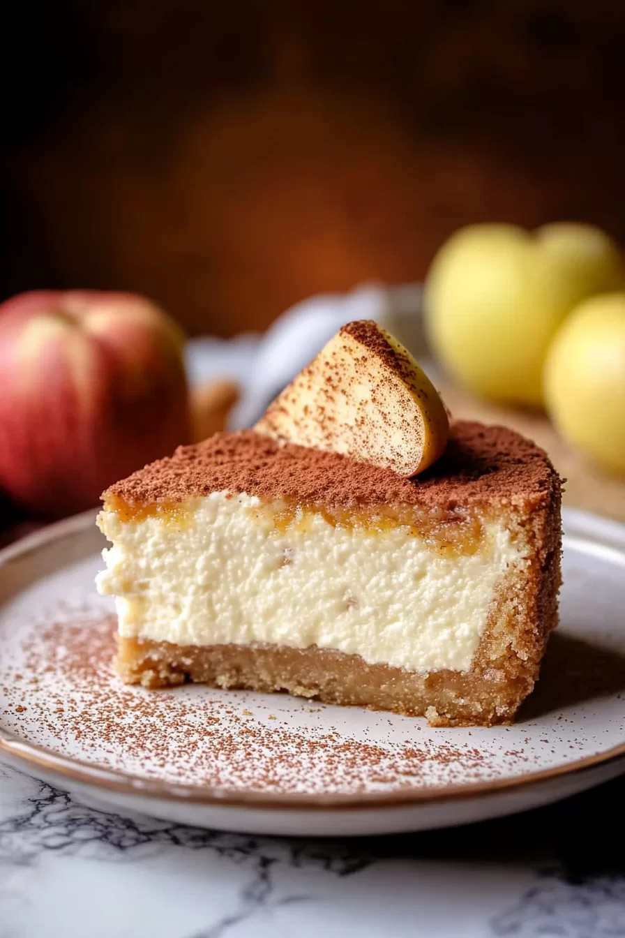 A slice of creamy cheesecake topped with thin apple slices and dusted with cinnamon.