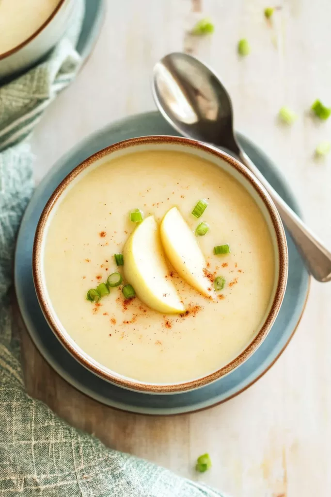 A warm bowl of creamy soup garnished with thin apple slices and green onions, set on a rustic table with a spoon.