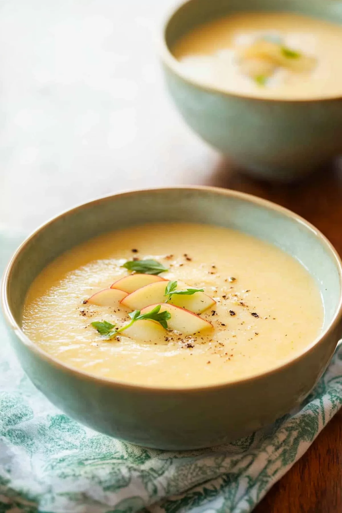 A steaming bowl of golden soup, perfect for a cozy meal on a chilly day.