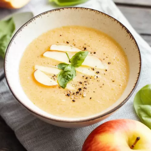 Golden soup with a garnish of apple wedges and herbs, served with a simple, elegant backdrop for a cozy meal.