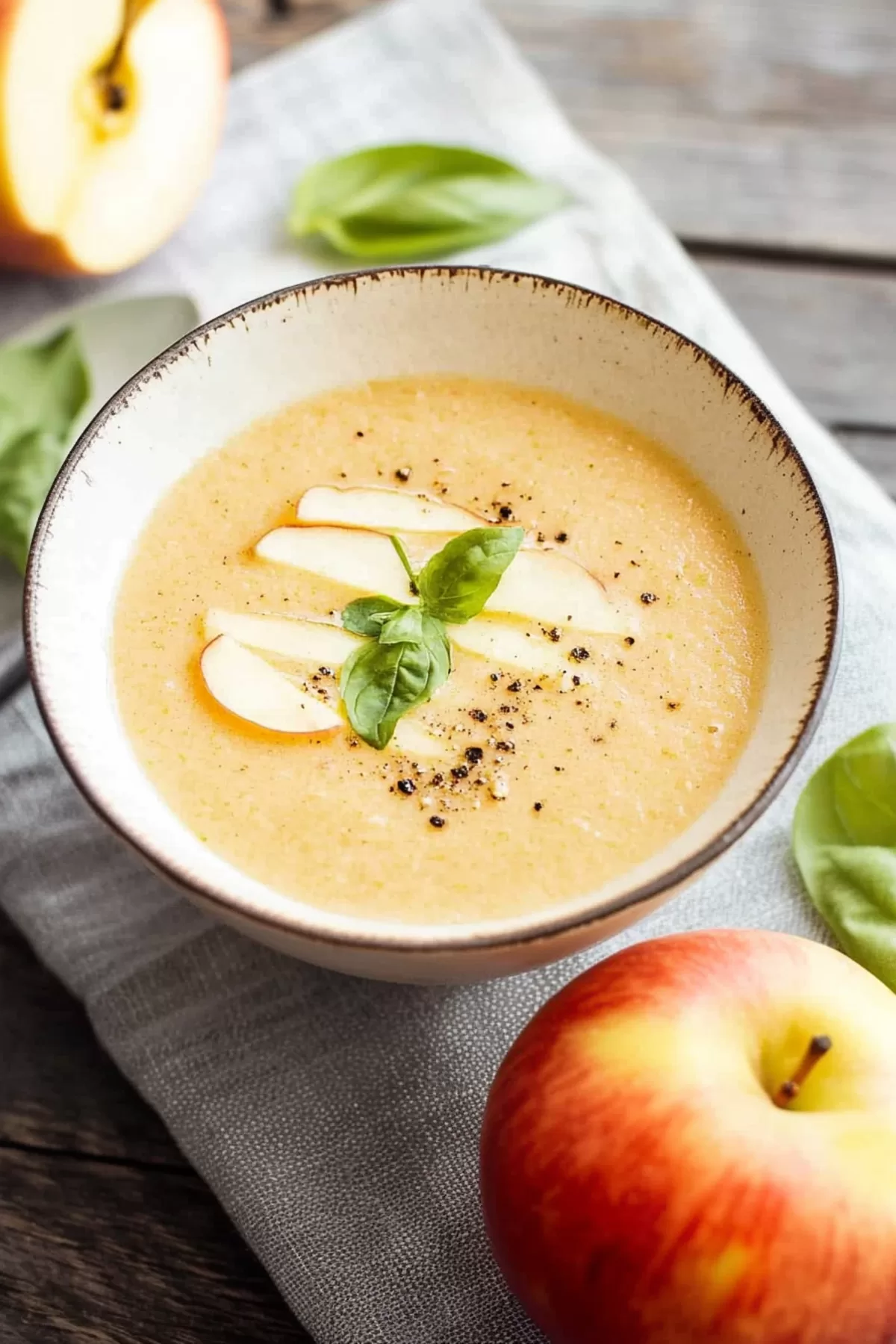 Golden soup with a garnish of apple wedges and herbs, served with a simple, elegant backdrop for a cozy meal.