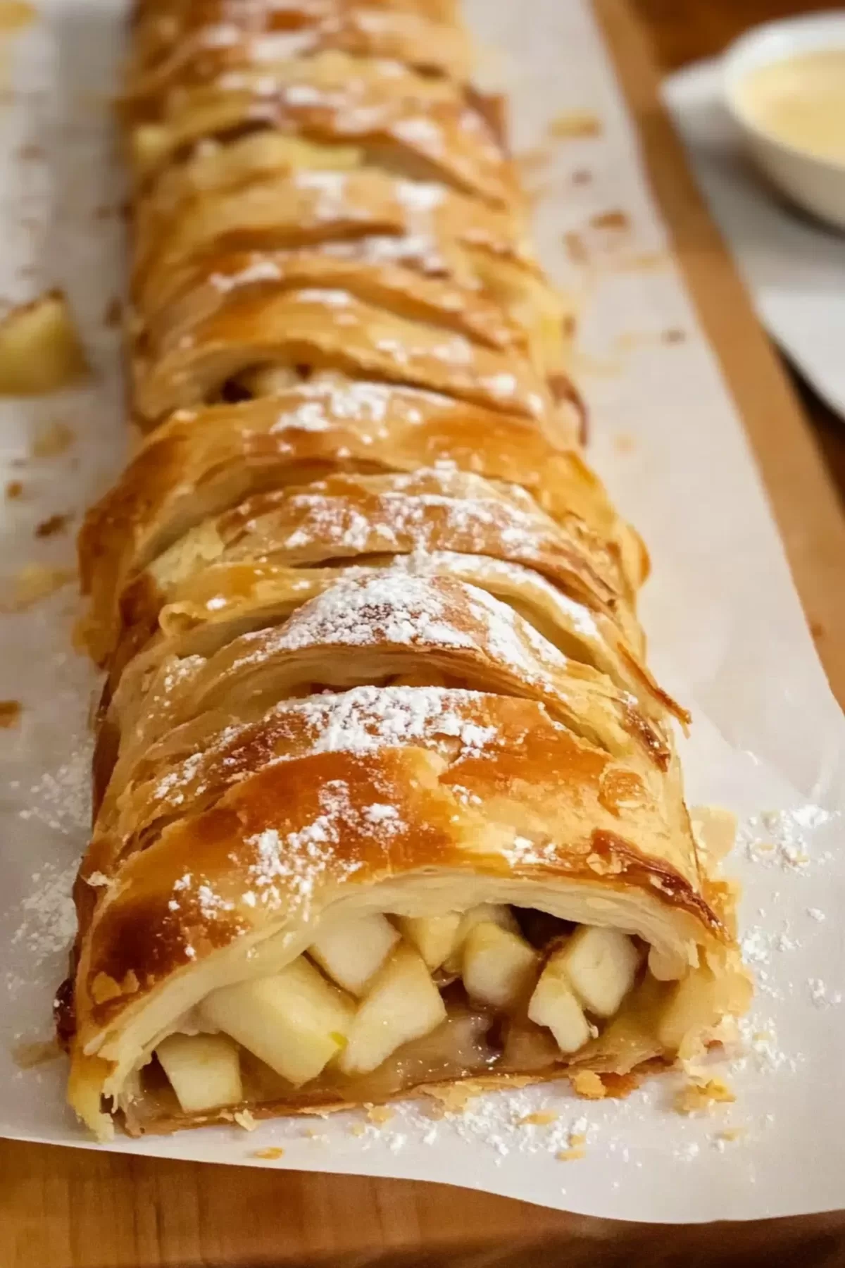 Golden-brown apple strudel on a parchment-lined baking sheet, ready to serve.