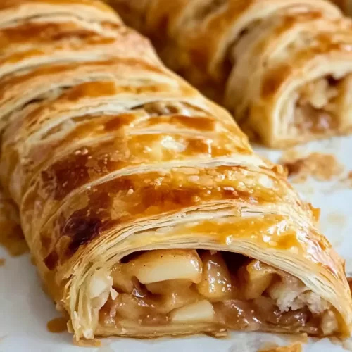 A neatly sliced apple strudel revealing the spiced apple filling and crisp pastry layers.