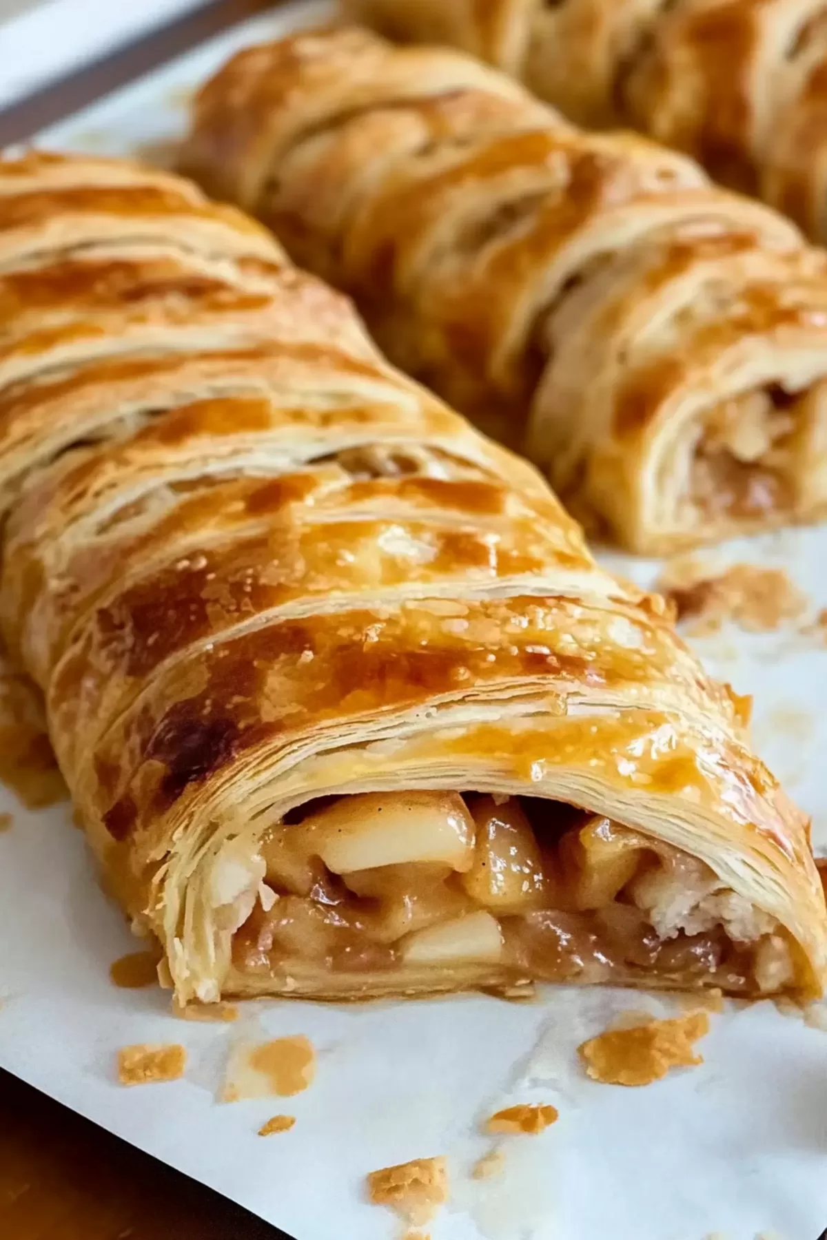 A neatly sliced apple strudel revealing the spiced apple filling and crisp pastry layers.