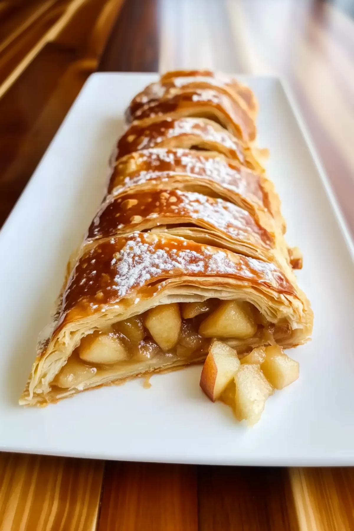 A freshly baked apple strudel dusted with powdered sugar, with layers of pastry and apple peeking through.