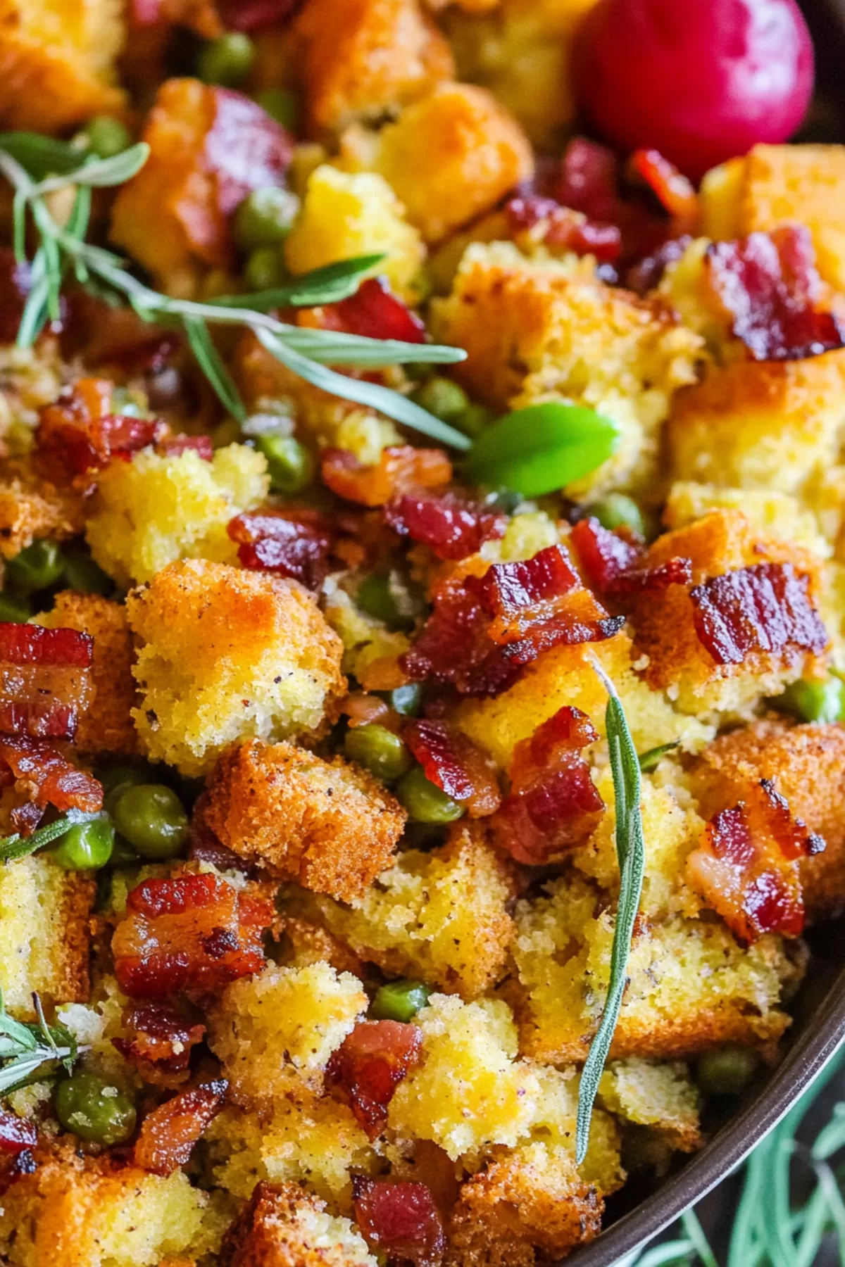 A close-up of a serving dish filled with golden-brown stuffing, featuring crispy edges and bacon bits.