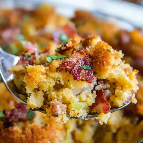 A spoon scooping up a portion of stuffing, showcasing its fluffy cornbread texture and vibrant herbs.