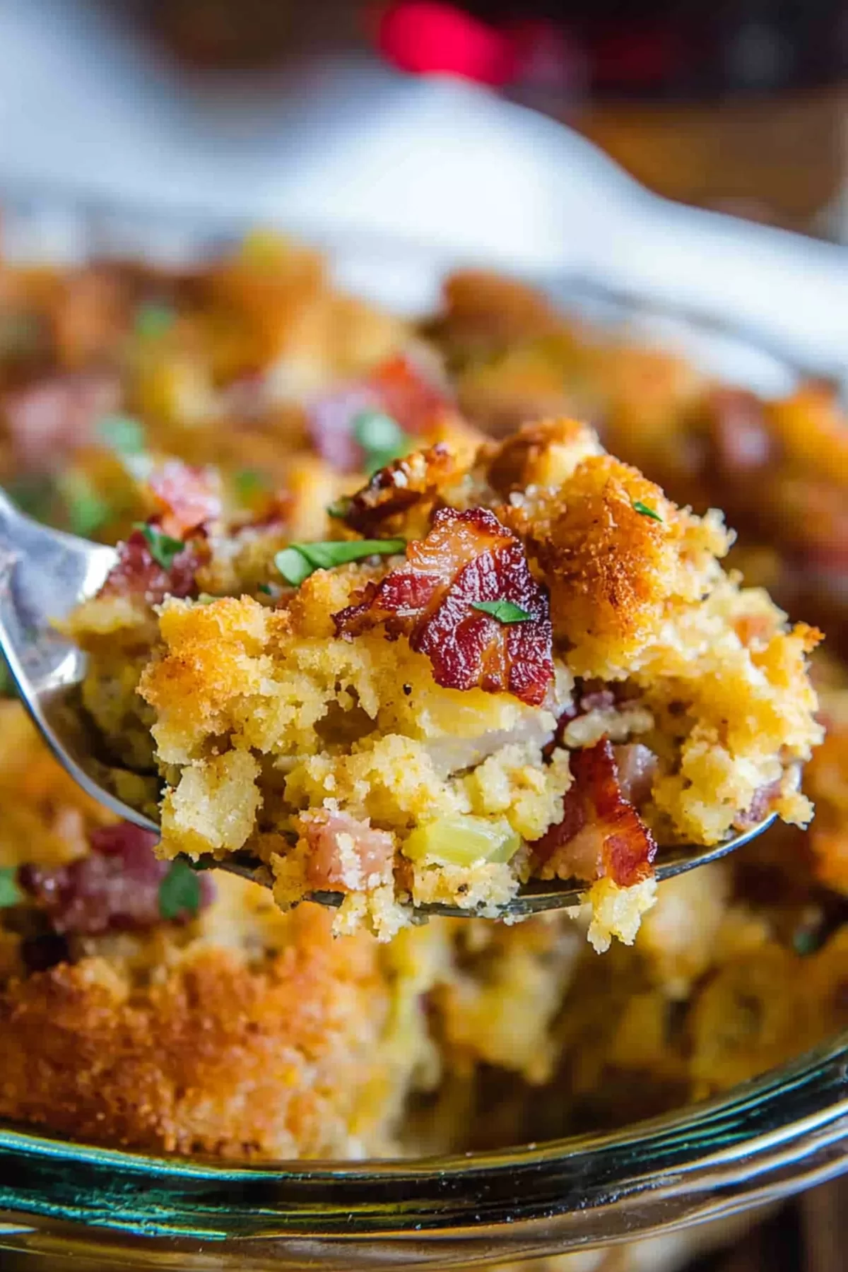 A spoon scooping up a portion of stuffing, showcasing its fluffy cornbread texture and vibrant herbs.