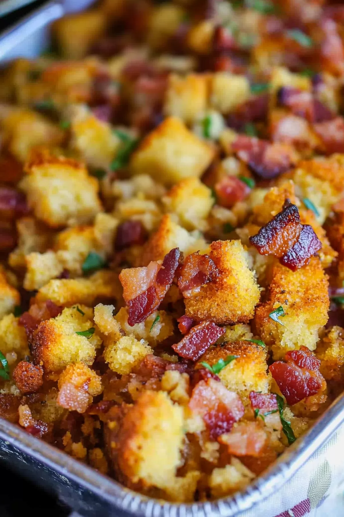 A rustic plate with a generous serving of cornbread stuffing, garnished with fresh parsley.