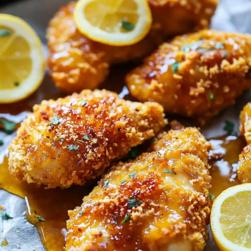 Close-up of crunchy baked chicken with a glossy, sweet-and-spicy coating.