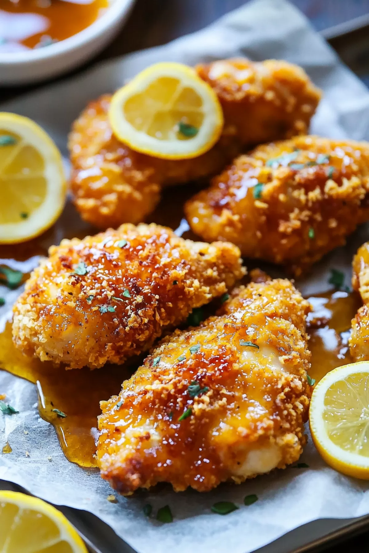 Close-up of crunchy baked chicken with a glossy, sweet-and-spicy coating.