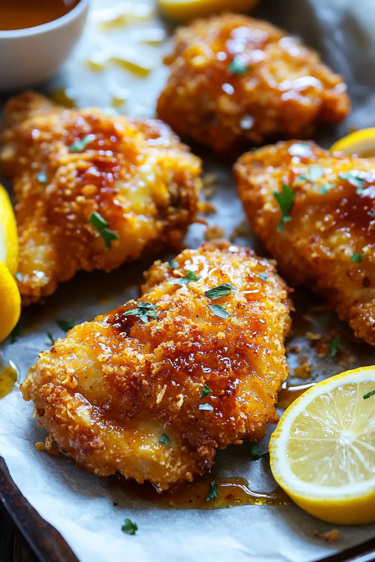 Juicy chicken with a crunchy coating and a drizzle of hot honey, perfect for a flavorful meal.