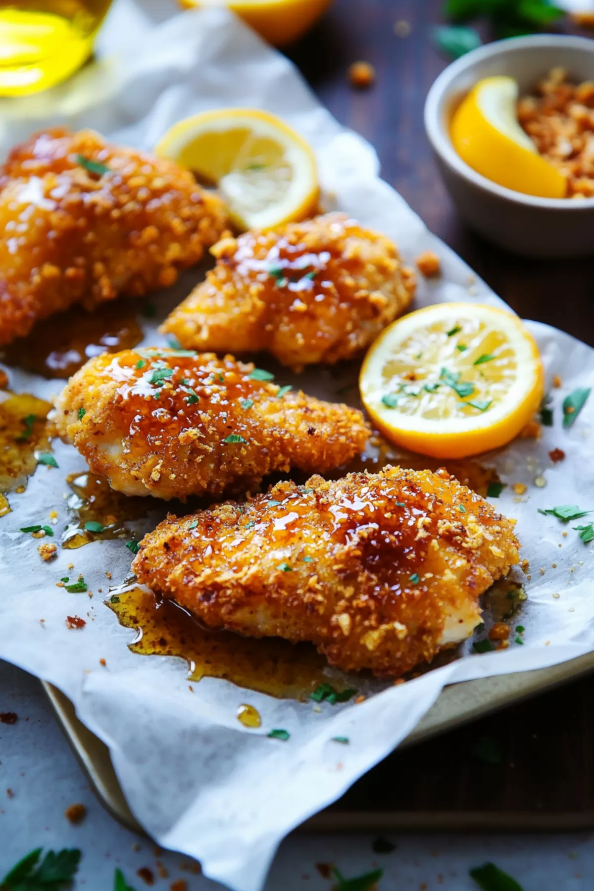 Crisp, baked chicken pieces arranged on a rustic platter with a side of hot honey sauce.