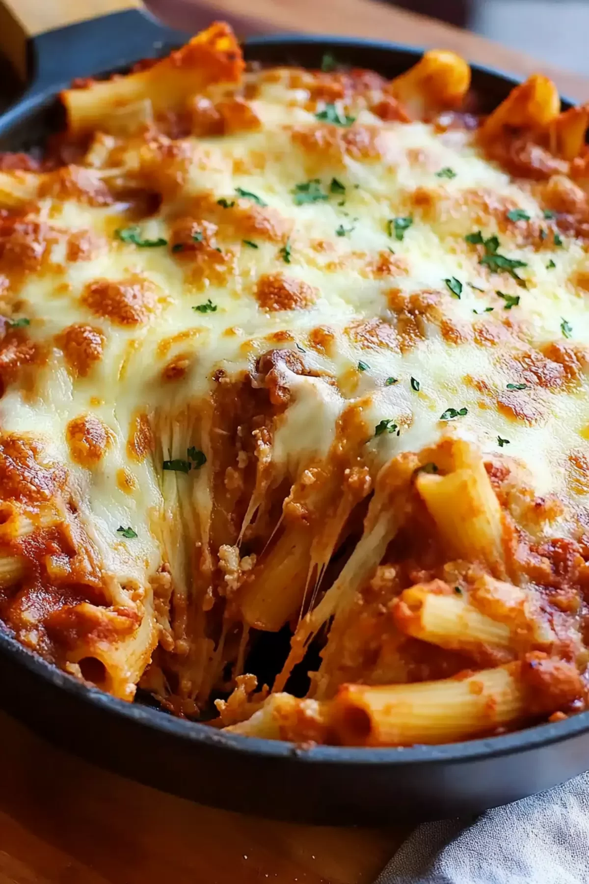 A close-up of cheesy baked pasta with golden-brown edges in a skillet, topped with melted mozzarella and fresh parsley.