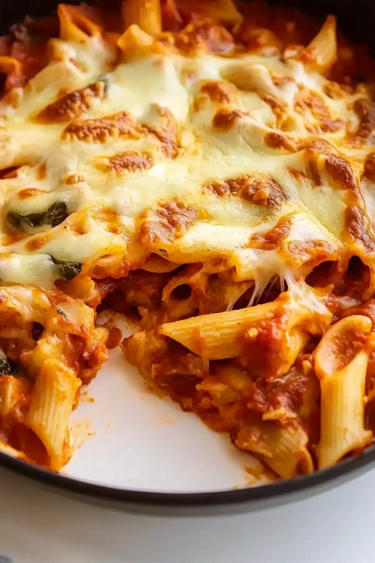 A hearty serving of baked pasta pulled apart to reveal gooey cheese and a rich tomato sauce.