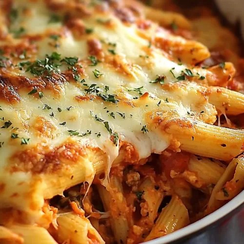 A casserole dish filled with bubbling baked pasta, showcasing the perfect blend of melted cheese and savory sauce.