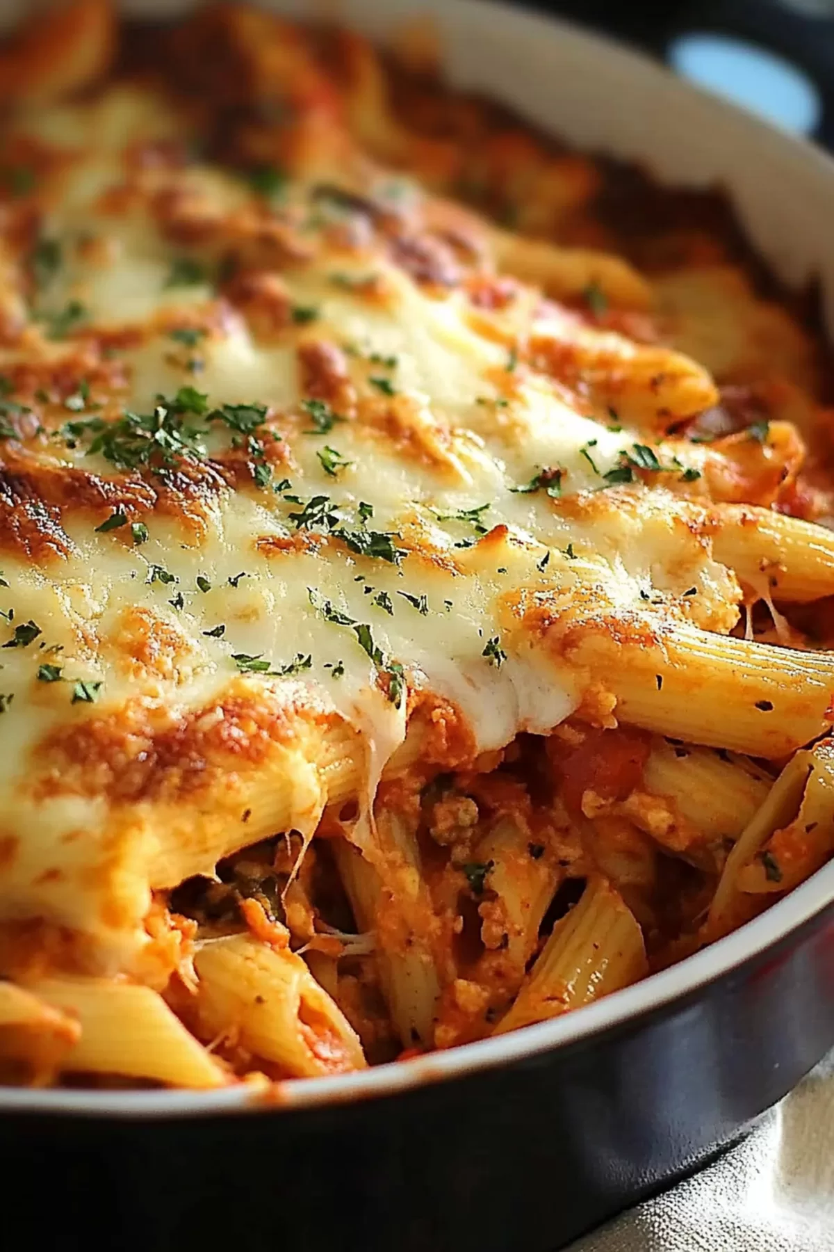 A casserole dish filled with bubbling baked pasta, showcasing the perfect blend of melted cheese and savory sauce.