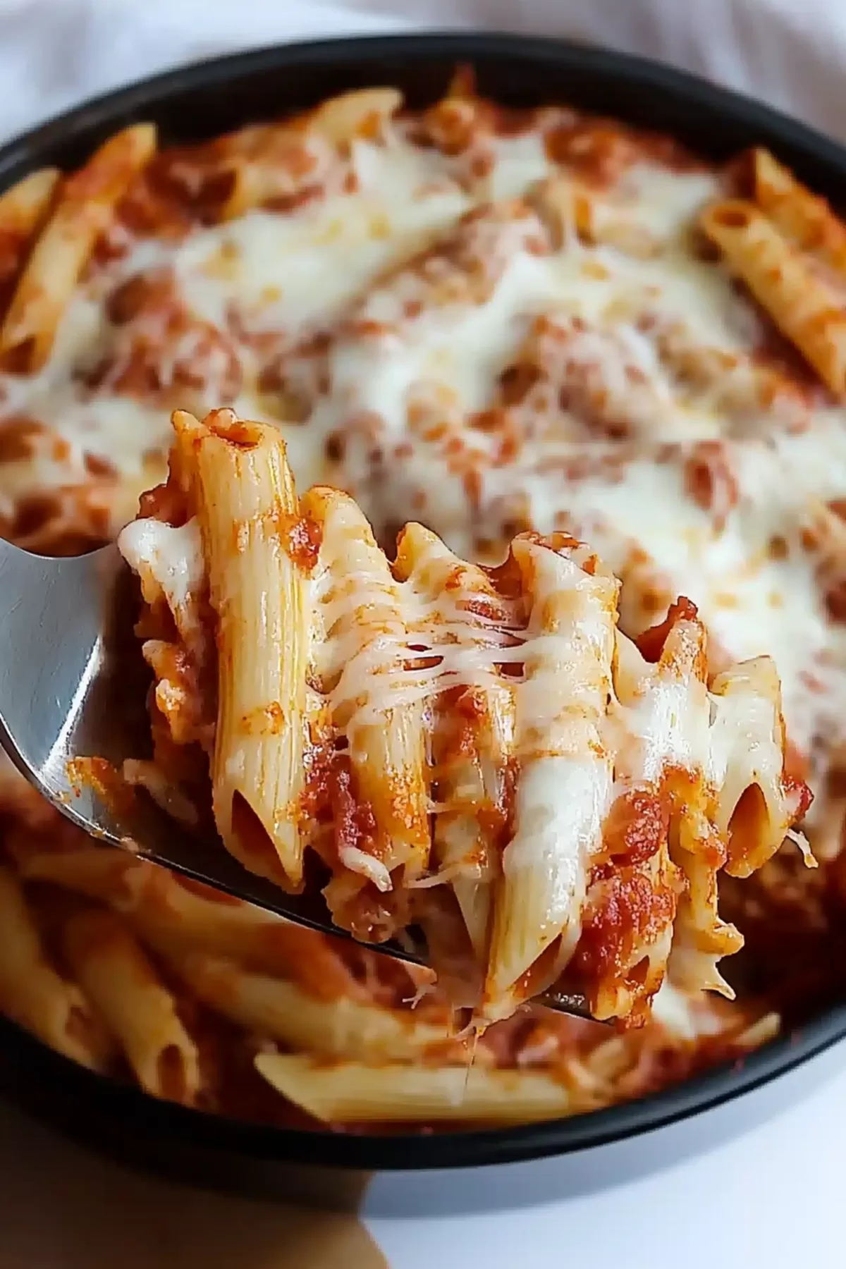 A fork lifting a cheesy pasta bake with stretchy mozzarella and vibrant layers of sauce.