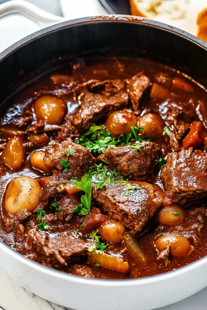 A hearty stew with tender beef chunks, pearl onions, and mushrooms in a rich sauce.