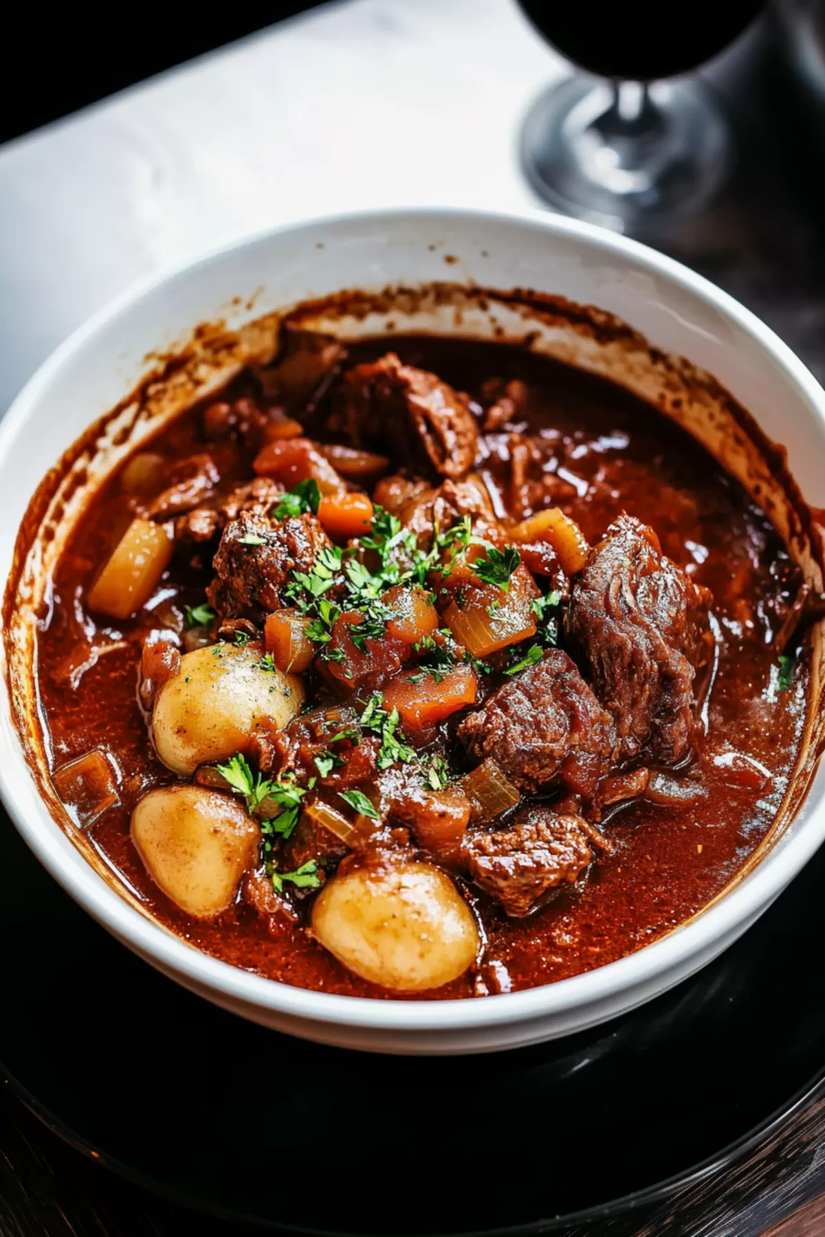 A bowl of rich and aromatic stew garnished with fresh parsley for a touch of color.