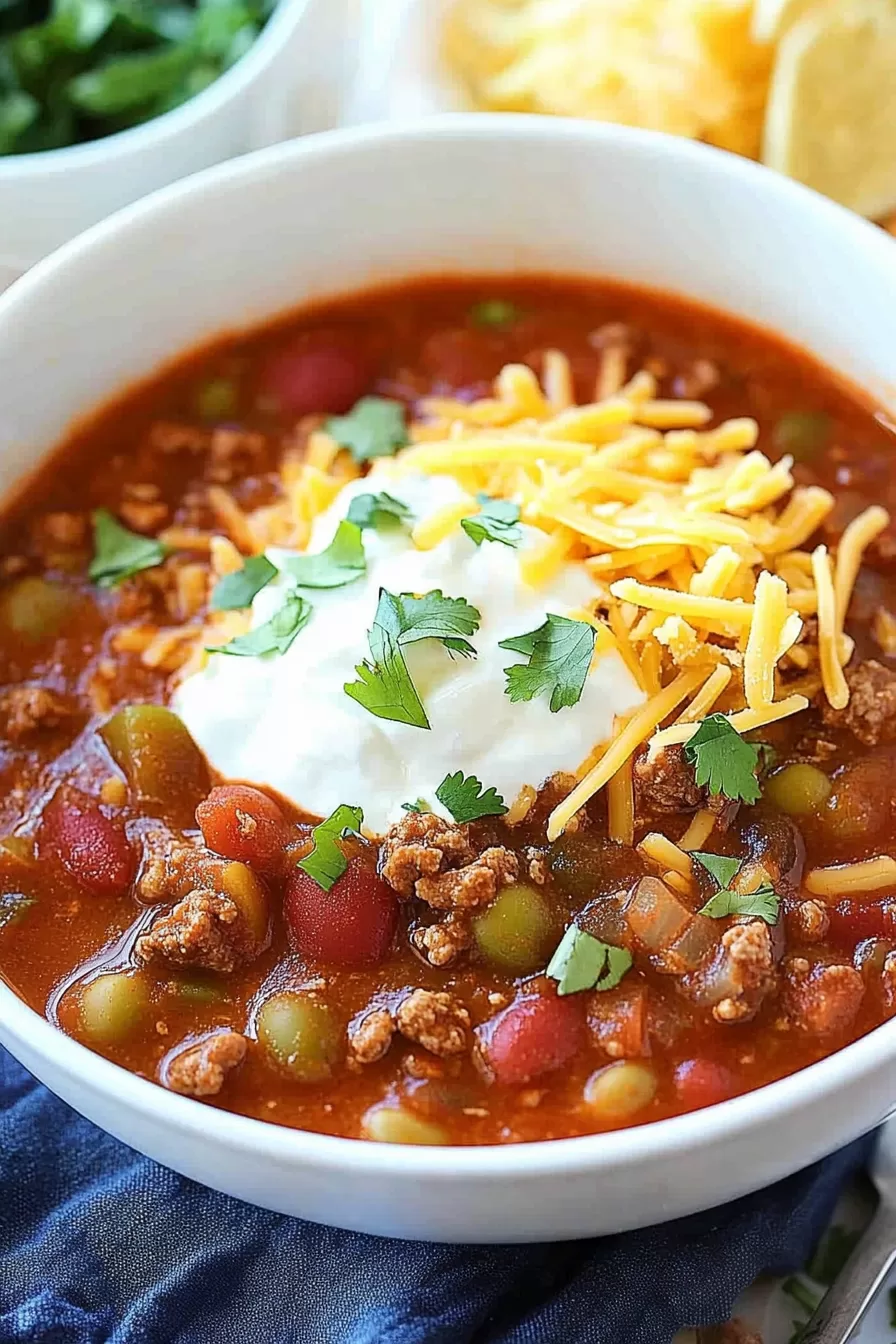 Thick, flavorful chili with beans, beef, and chorizo garnished with chopped green onions.