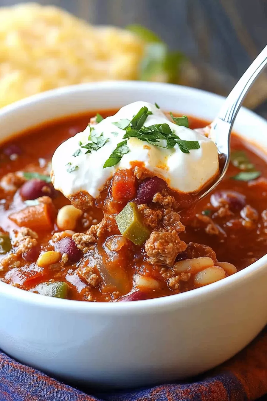 Bowl of rich, hearty chili with ground beef and chorizo, topped with sour cream and fresh cilantro.