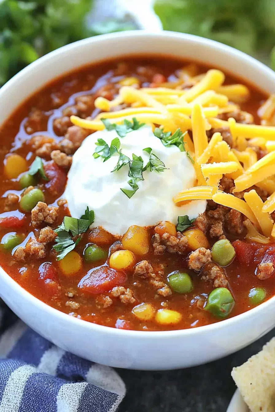 Close-up of spicy beef and chorizo chili served with a side of crusty bread.