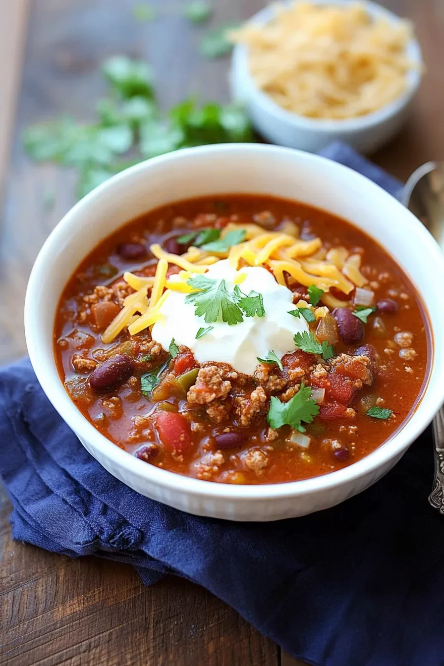 Overhead view of beef and chorizo chili, served with shredded cheese and jalapeño slices.