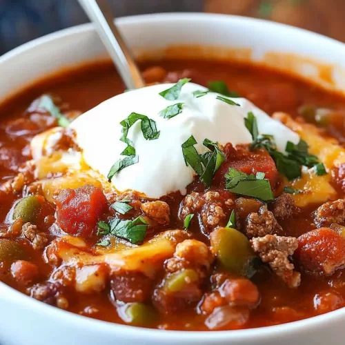 Hearty bowl of chili featuring beef, chorizo, and beans, with a sprinkle of fresh herbs on top.